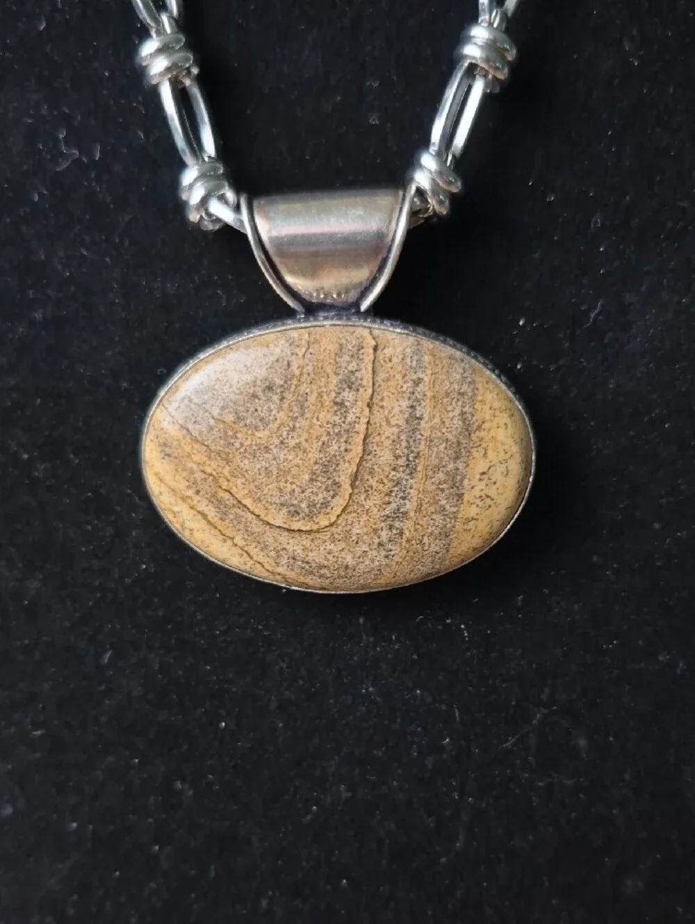 Silver Chain Necklace with Oval Sandstone Pendant - Tan